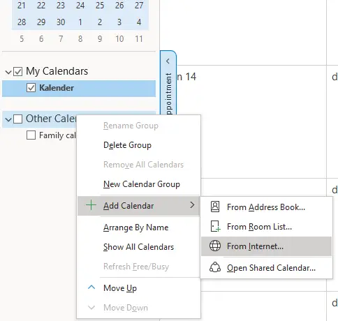 Bild på hur du lägger till kalendern i Outlook